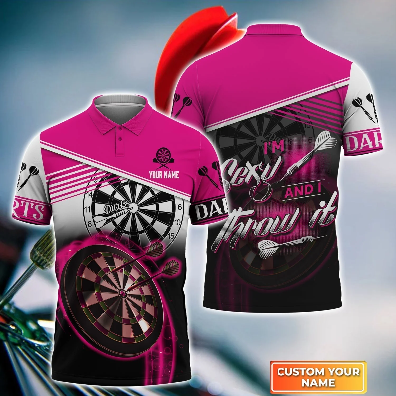 Personalized Darts Long Polo Shirt, Darts Pink Color Custom Name Shirt I'm Sexy And I Throw It, Outfits For Darts Players, Darts Team - Image 5