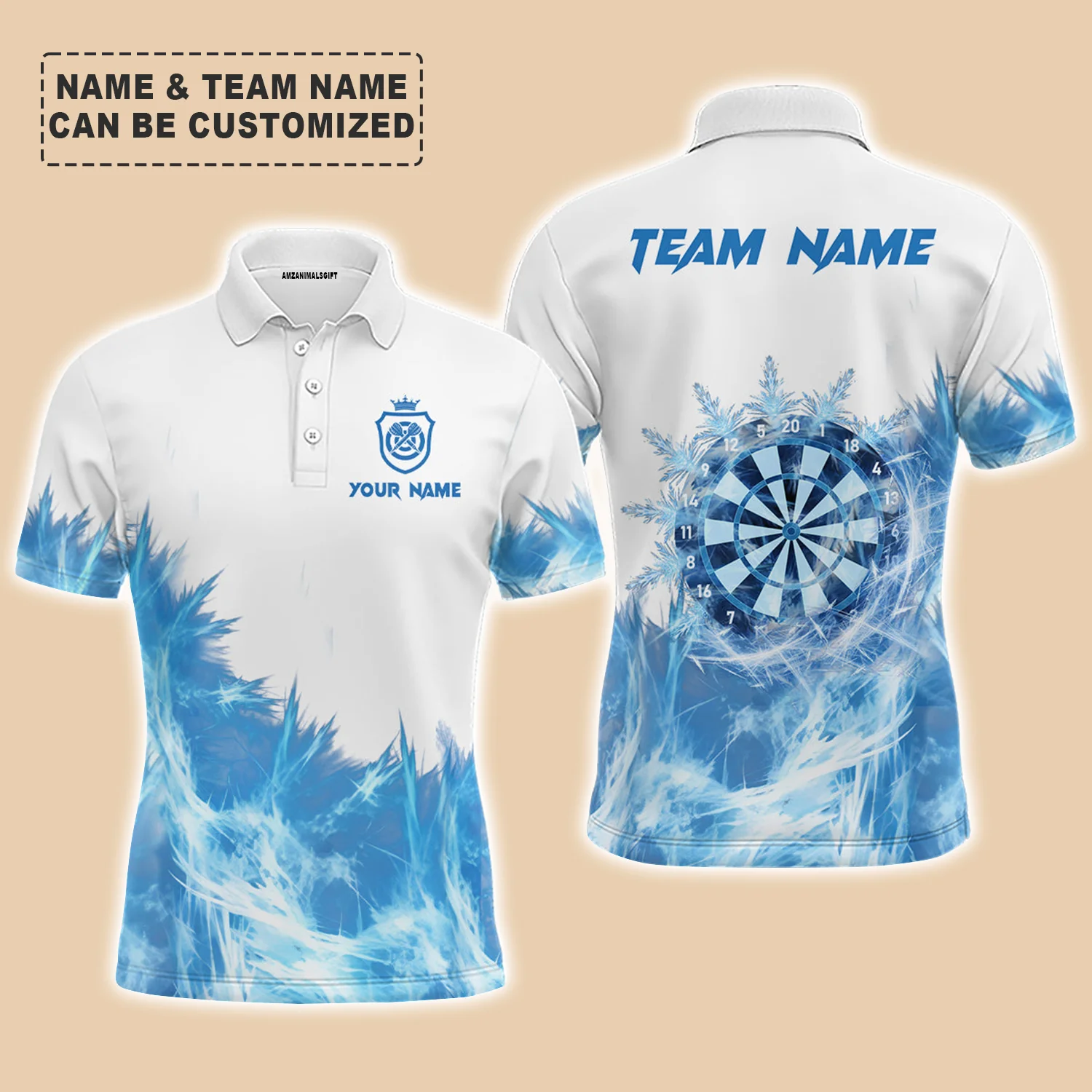 Personalized Darts Men Polo Shirt - Custom Name & Team Name Icy Blue White Mens Darts Polo Shirt For Men, Darts Team, Darts Lover
