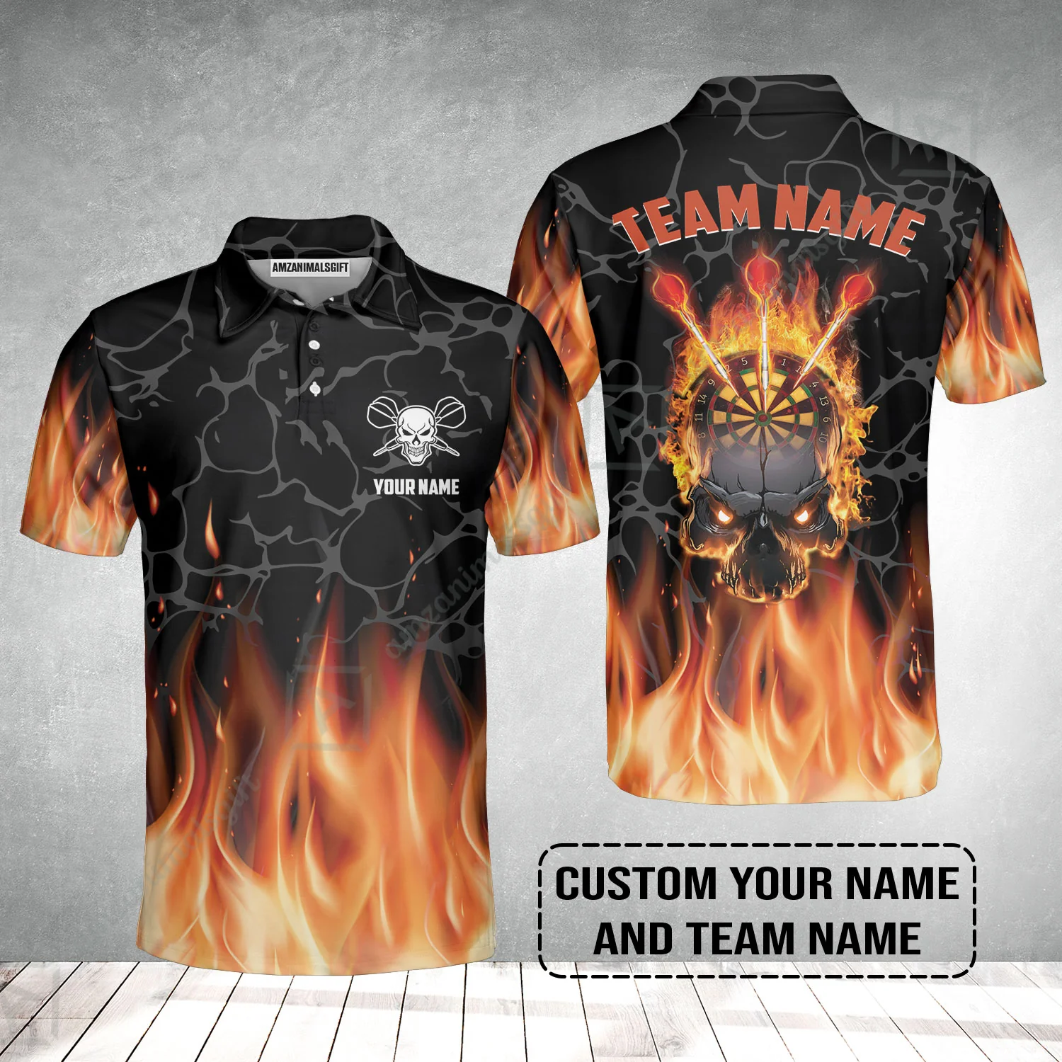 Personalized Darts Men Polo Shirt - Custom Name & Team Name Orange Flame Skull Darts Polo Shirt - Image 2