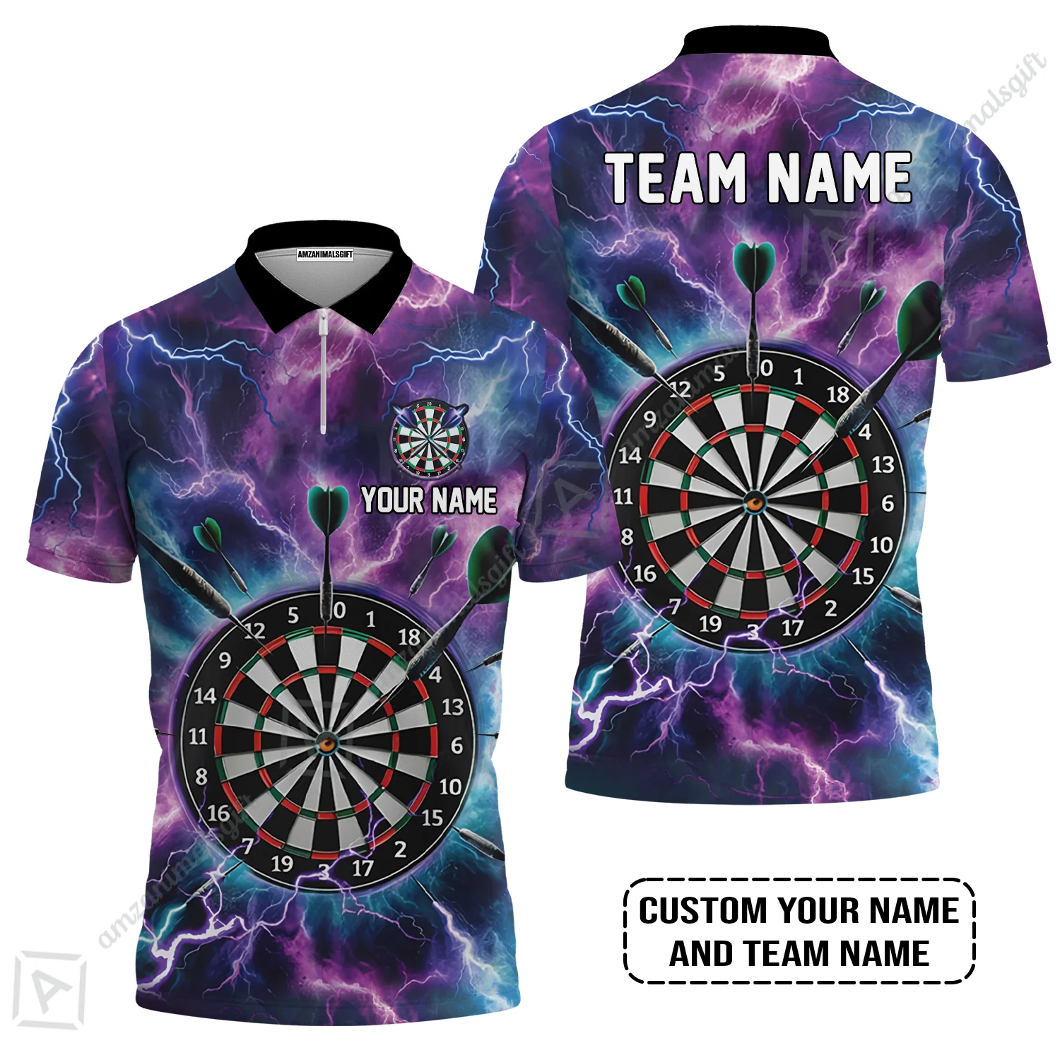 Personalized Darts Men Polo Shirt - Custom Name & Team Name Purple Thunder Lightning Polo Shirt - Image 4