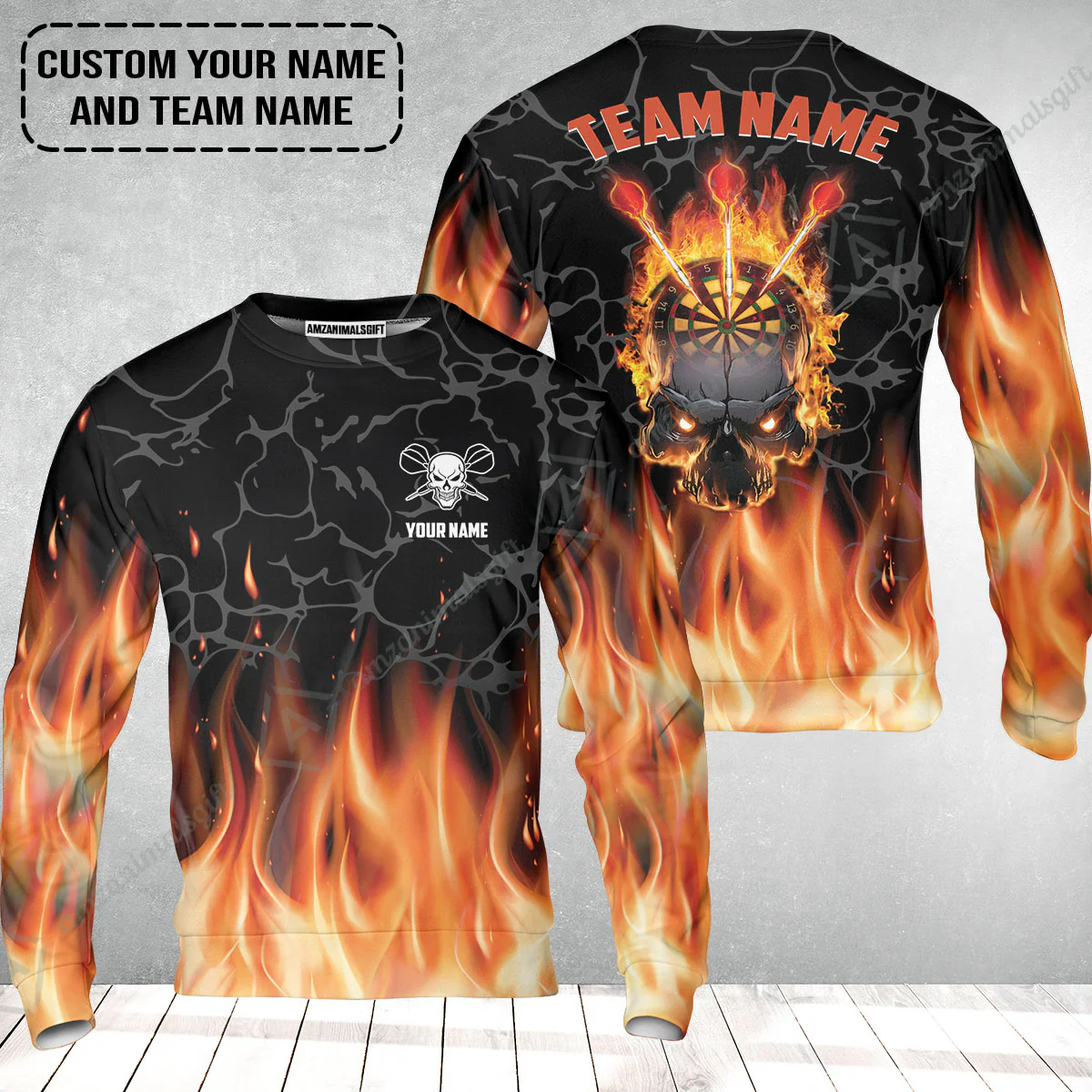 Personalized Darts Sweatshirt - Custom Name & Team Name Orange Flame Skull Darts Sweatshirt - Image 2