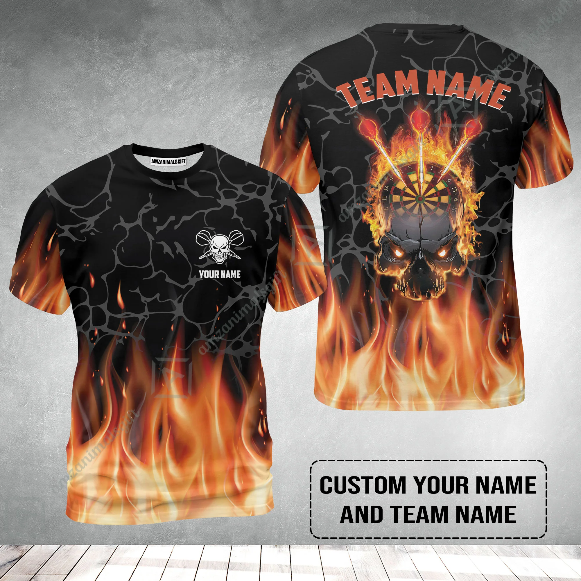 Personalized Darts T-Shirt - Custom Name & Team Name Orange Flame Skull Darts T-Shirt - Image 2