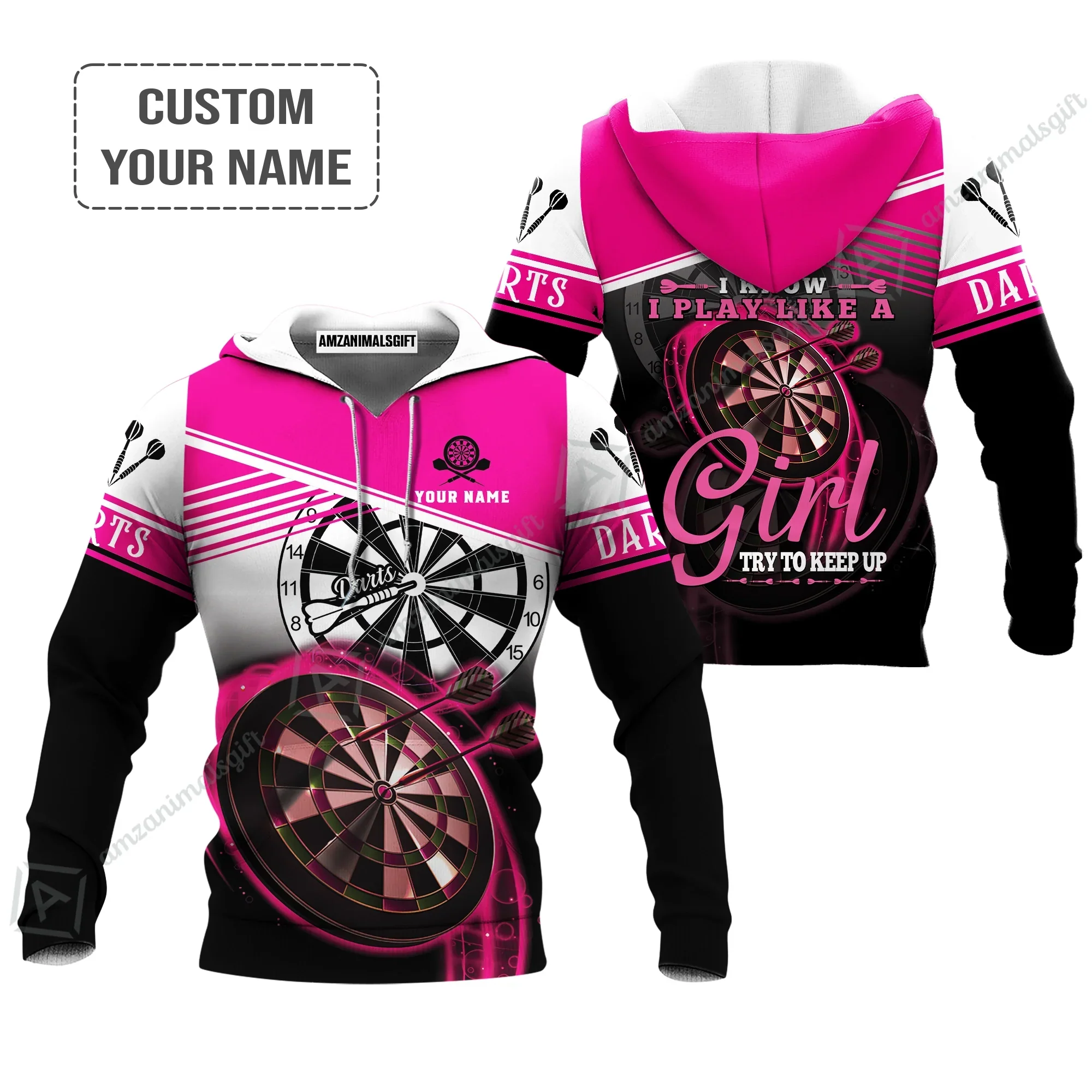 Personalized Darts T-Shirt, Darts Pink Color Shirt I Know I Play Like A Girl Try To Keep Up, Outfits For Darts Players, Darts Team - Image 5