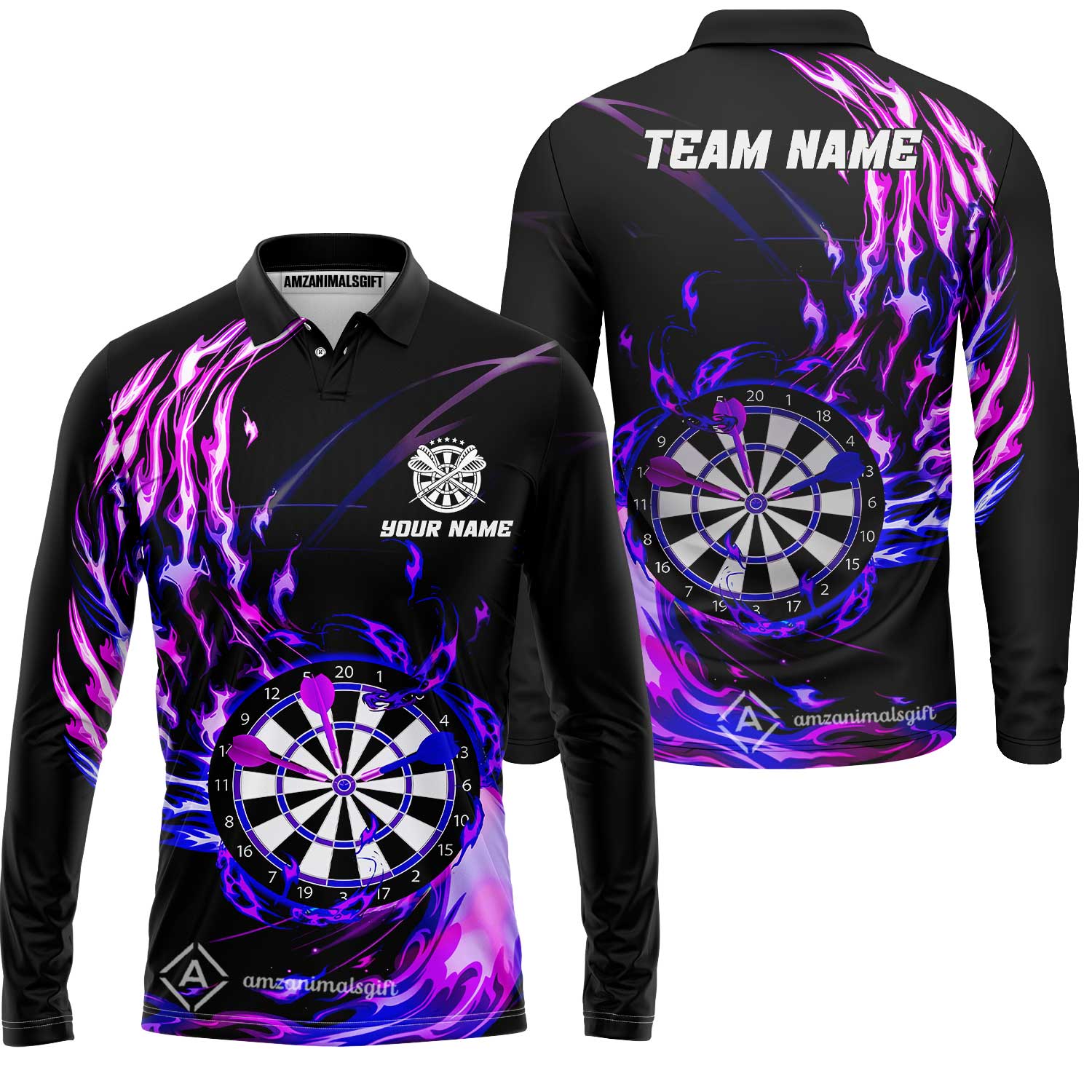 Personalized Darts Hawaiian Shirt - Custom Name & Team Name Darts Purple Fire Polo Shirt For Women, Darts Team, Darts Lover - Image 8