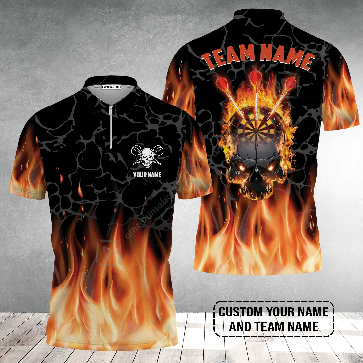 Personalized Darts Zip Polo Shirt - Custom Name & Team Name Orange Flame Skull Darts Zip Polo Shirt - Image 2