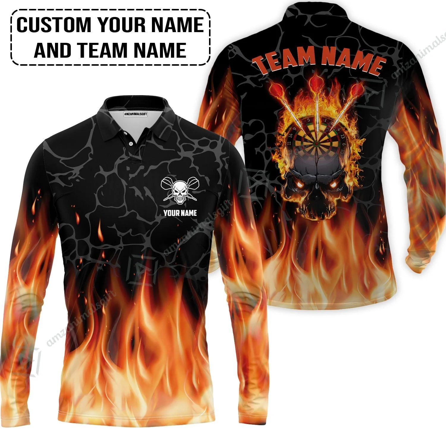 Personalized Darts Zip Polo Shirt - Custom Name & Team Name Orange Flame Skull Darts Zip Polo Shirt - Image 3