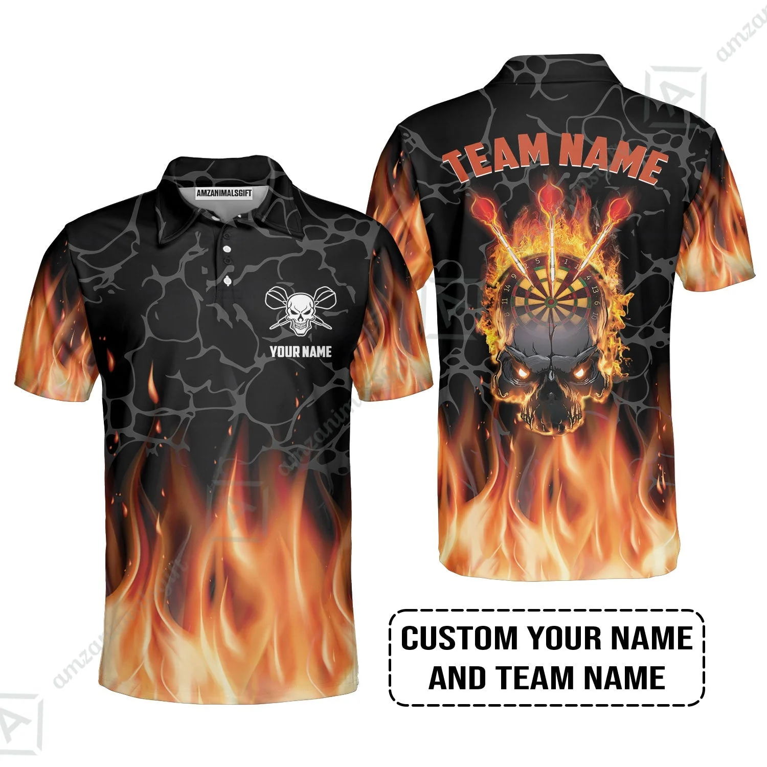 Personalized Darts Zip Polo Shirt - Custom Name & Team Name Orange Flame Skull Darts Zip Polo Shirt - Image 4