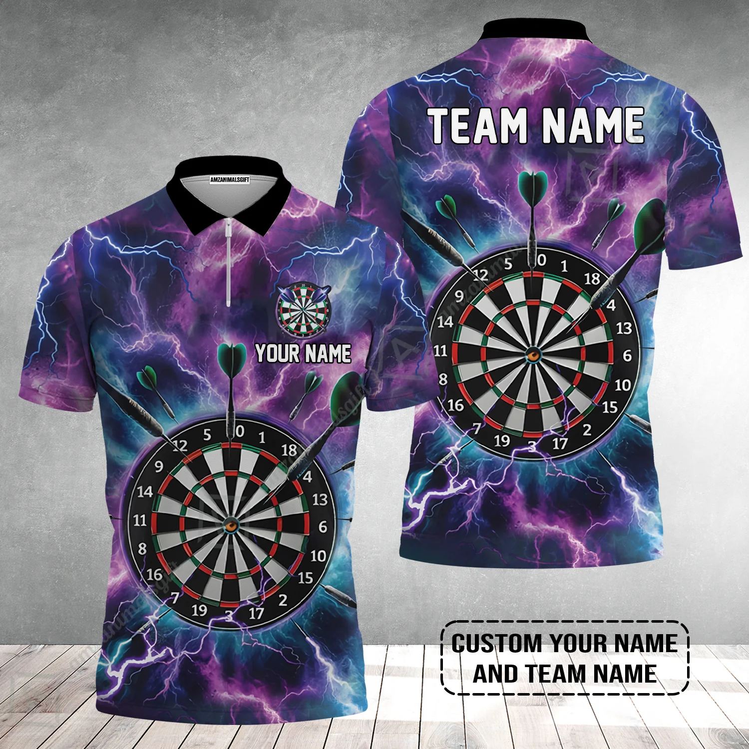 Personalized Darts Zip Polo Shirt - Custom Name & Team Name Purple Thunder Lightning Zip Polo Shirt - Image 2