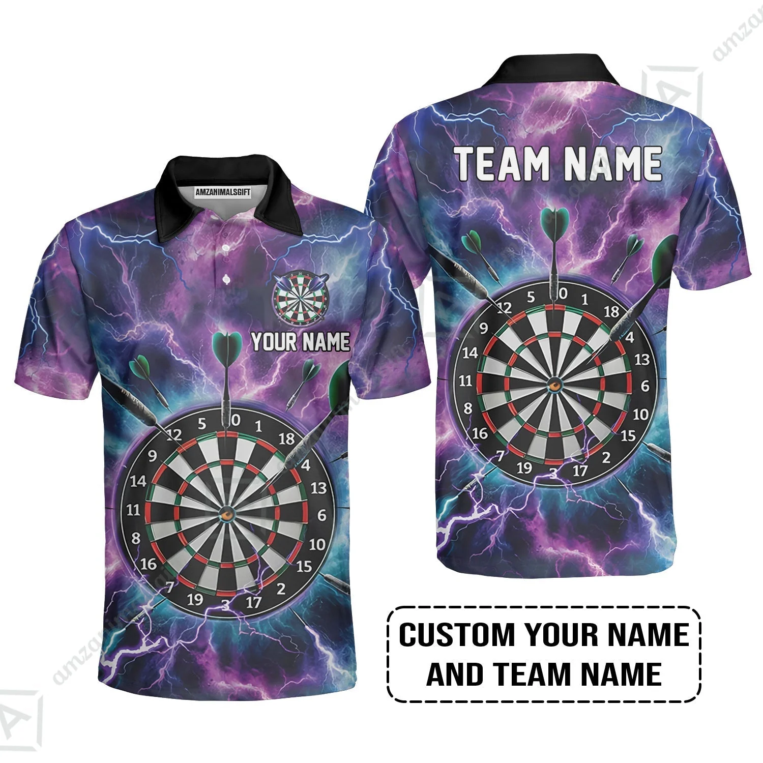 Personalized Darts Zip Polo Shirt - Custom Name & Team Name Purple Thunder Lightning Zip Polo Shirt - Image 4