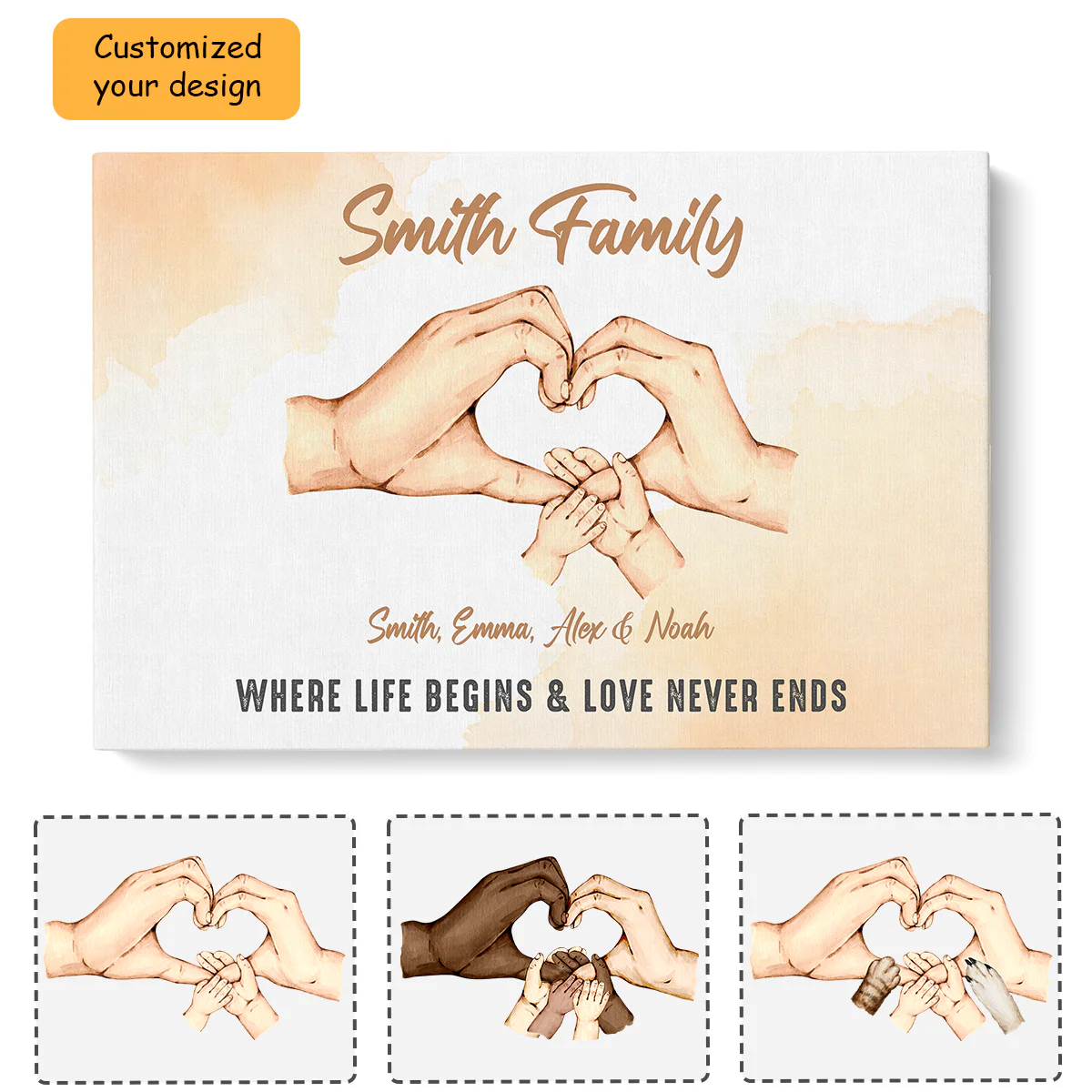Personalized Family Hands Print Wall Art, Family Holding Hands Life Begins & Love Never Ends Canvas Hanging Home Decor - Image 2