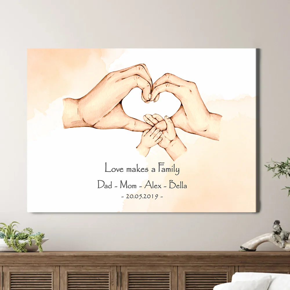 Personalized Family Hands Print Wall Art, Family Holding Hands Love Makes A Family Wall Art Canvas Home Living Decor - Image 3