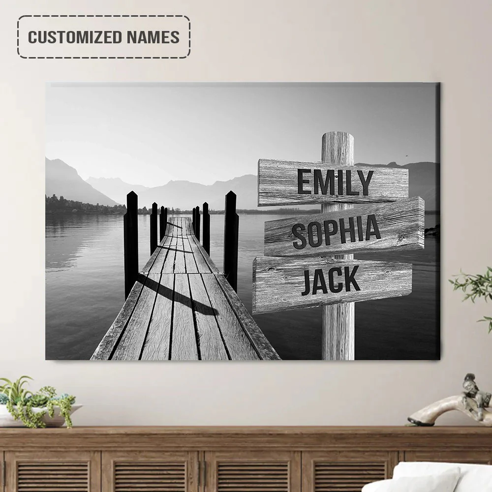 Personalized Family Member Names Black And White Wall Art, Boardwalk On Lake Wooden Name Signs Landscape Canvas - Image 2