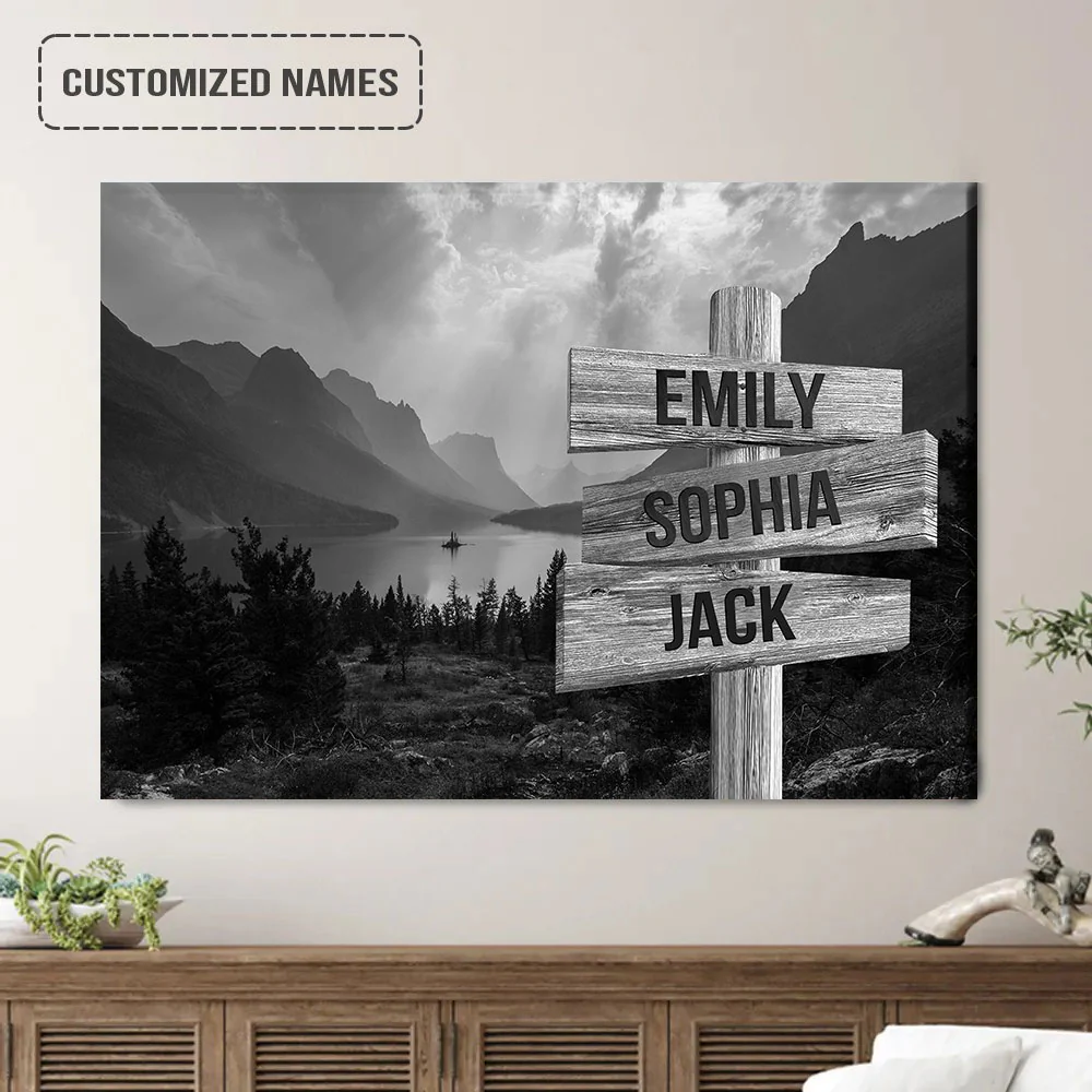 Personalized Family Member Names Black And White Wall Art, Lake And Mountain Range Wooden Name Signs Landscape Canvas - Image 2