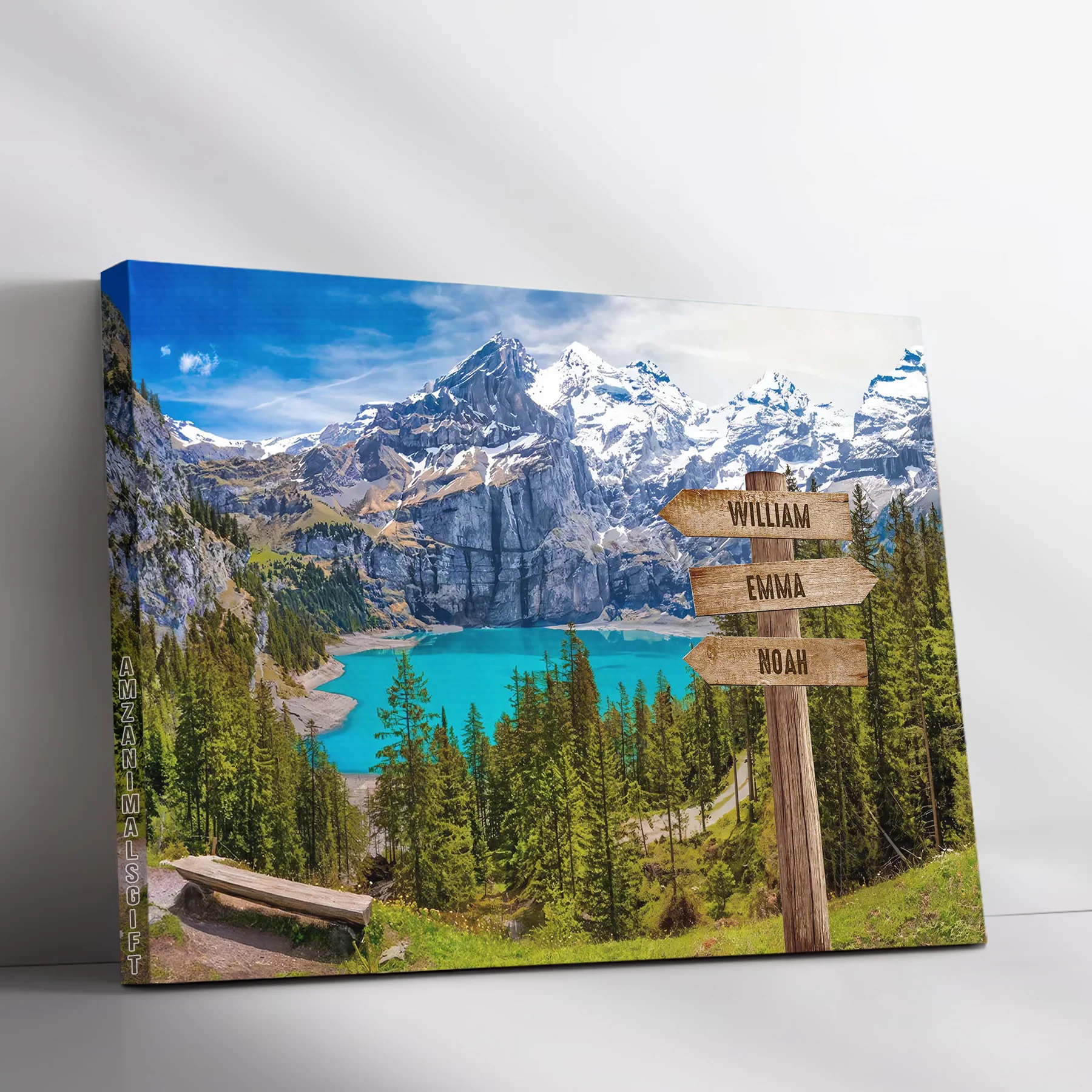 Personalized Family Member Names Wall Art, Oeschinen Lake Wooden Signs Multi-Names Landscape Canvas Decor For Home - Image 3