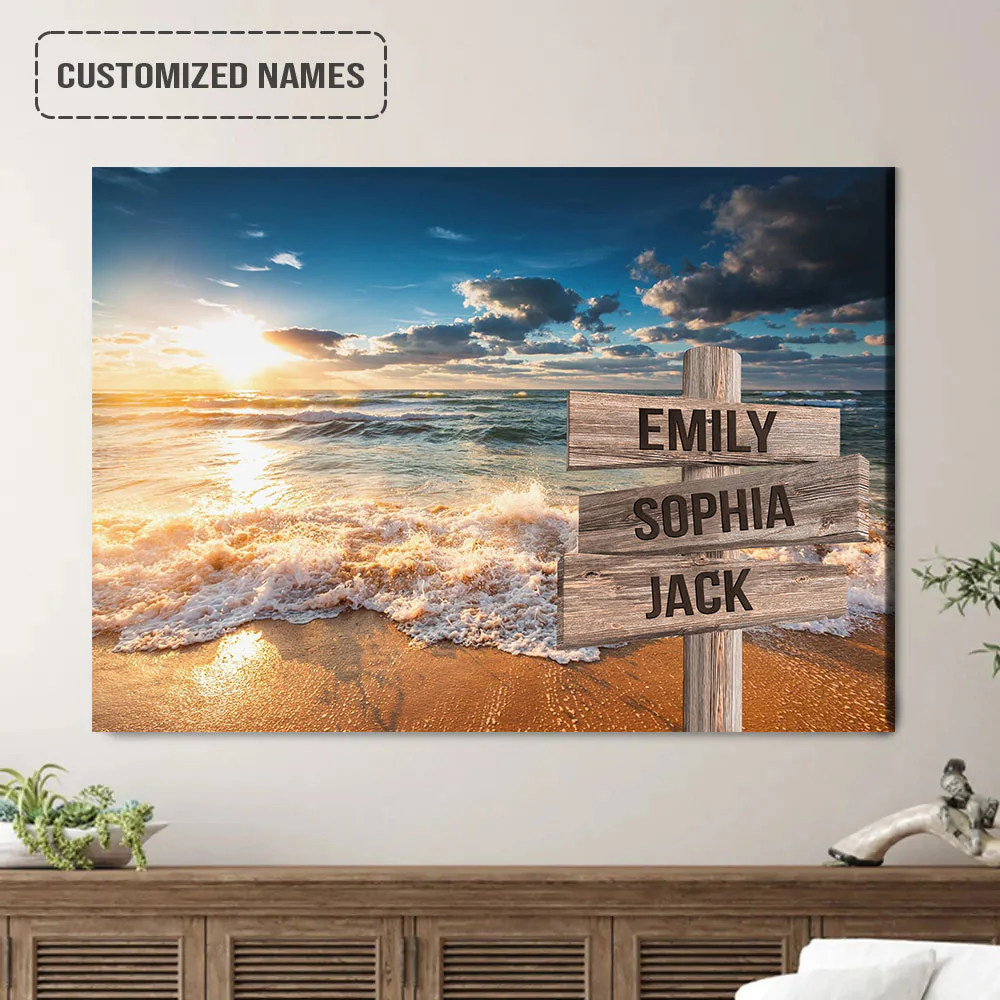 Personalized Family Member Names Wall Art, Sunset At The Beach Ocean Wooden Name Signs Landscape Canvas Poster Decor - Image 2
