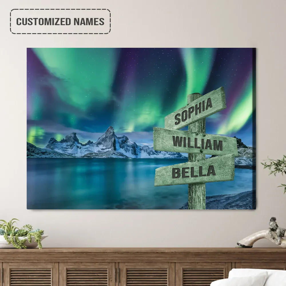 Personalized Family Names Sign Wall Art Canvas Hanging, Aurora Scenery On Lake Landscape Canvas Poster Home Decor