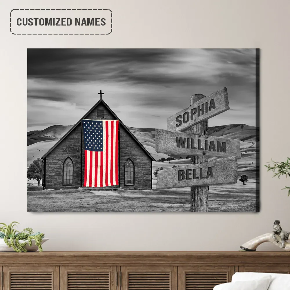 Personalized Family Names Sign Wall Art Canvas Hanging, Church With American Flag Black And White Landscape Canvas Decor - Image 2