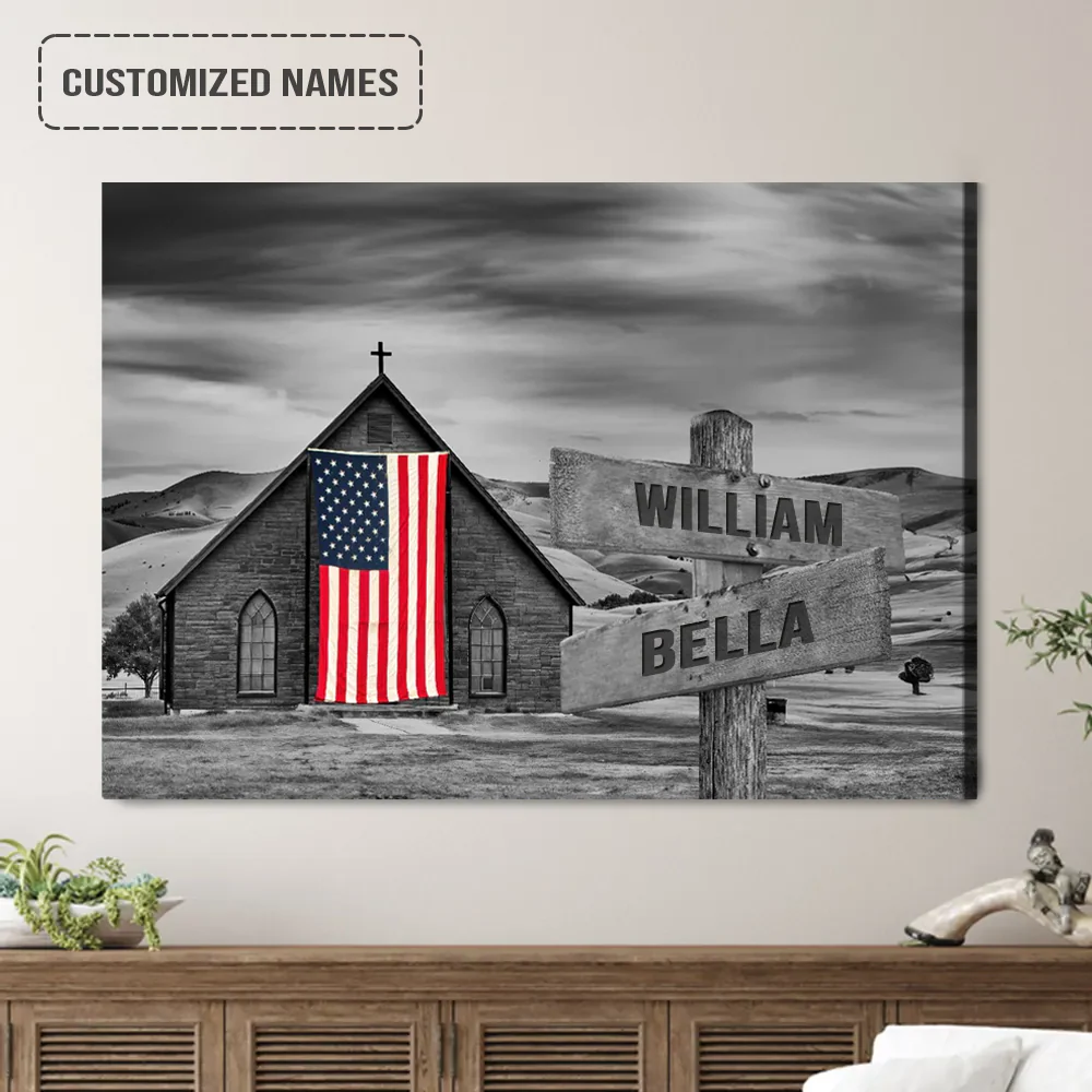 Personalized Family Names Sign Wall Art Canvas Hanging, Church With American Flag Black And White Landscape Canvas Decor - Image 3