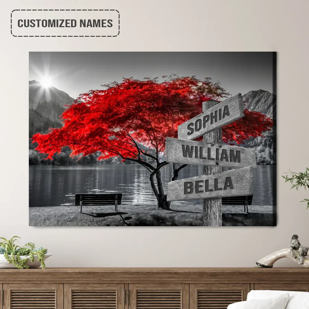Personalized Family Names Sign Wall Art Canvas Hanging, Red Tree On Lake Black And White Landscape Canvas Decor - Image 3