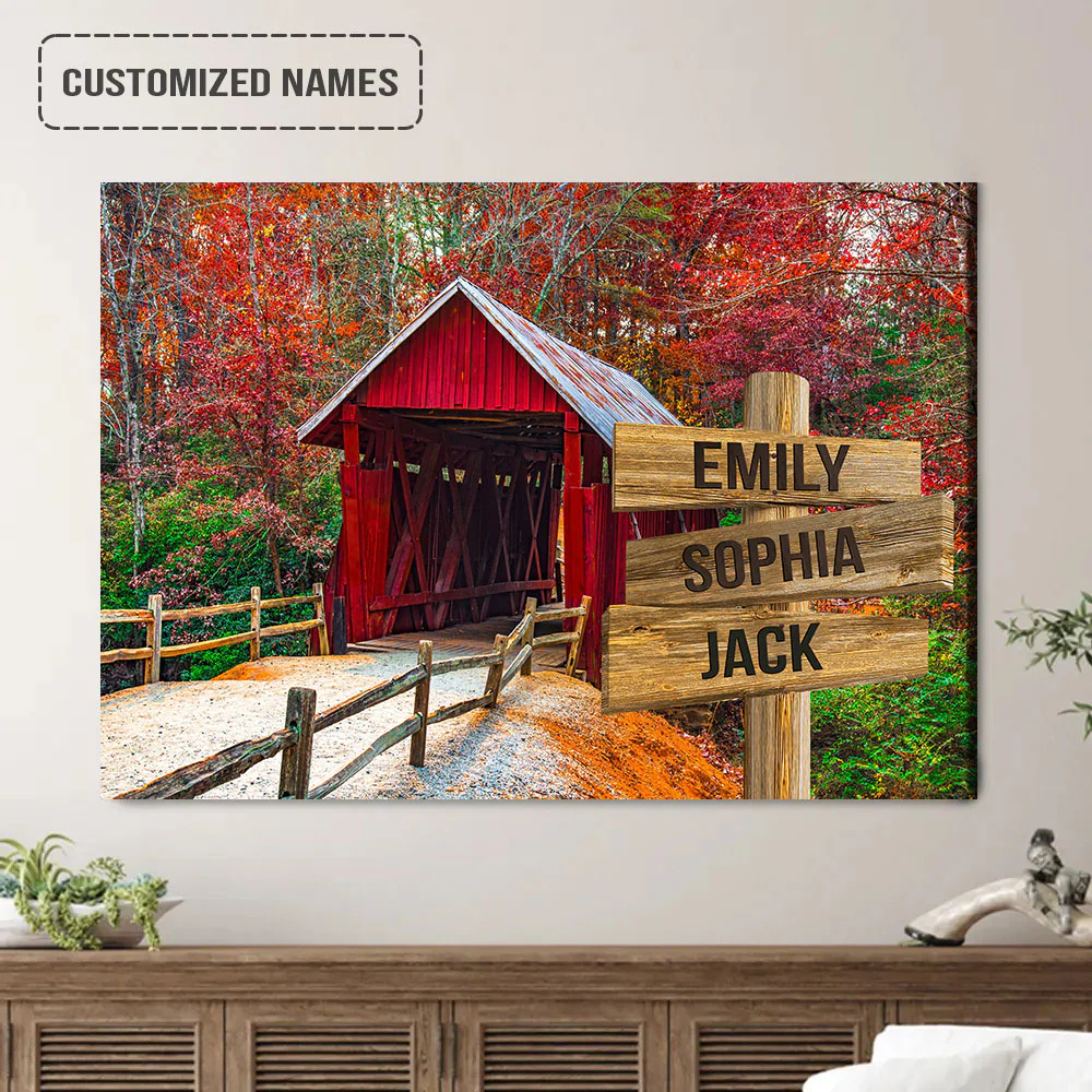Personalized Family Street Sign Wall Art Canvas Multi-Names, Red Covered Bridge Landscape Canvas Poster Home Decor - Image 2