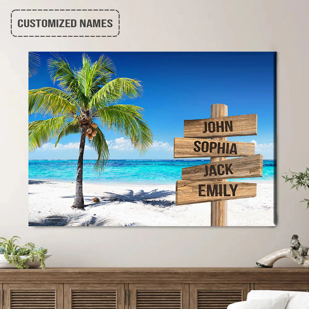 Personalized Family Street Sign Wall Art Custom Multi-Names, Palm Trees Ocean Breeze Landscape Canvas Home Decor
