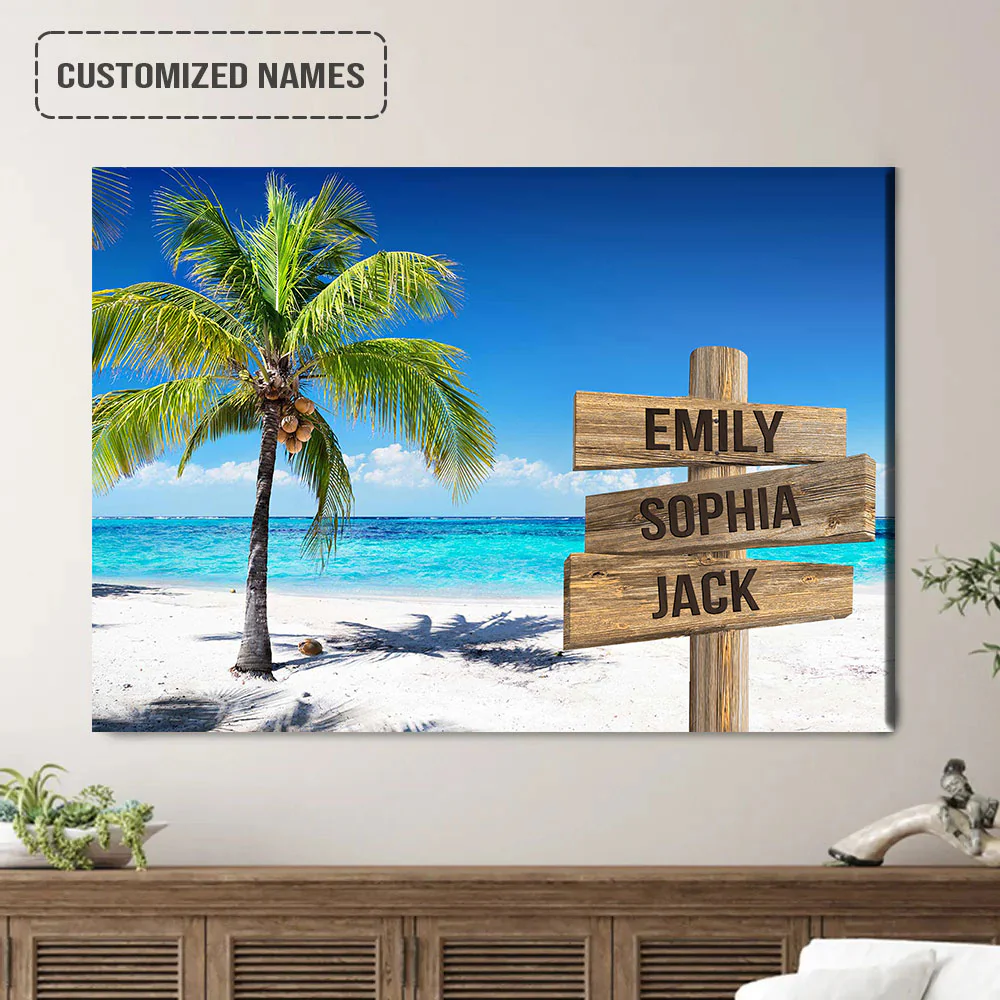 Personalized Family Street Sign Wall Art Custom Multi-Names, Palm Trees Ocean Breeze Landscape Canvas Home Decor - Image 2