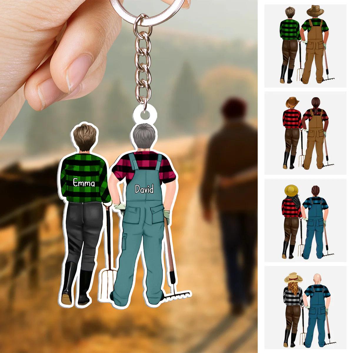 Personalized Farmer Couple Partners Back View Flat Acrylic Keychain, Meaningful Gifts For Farmer Couple Partners Soulmates - Image 2