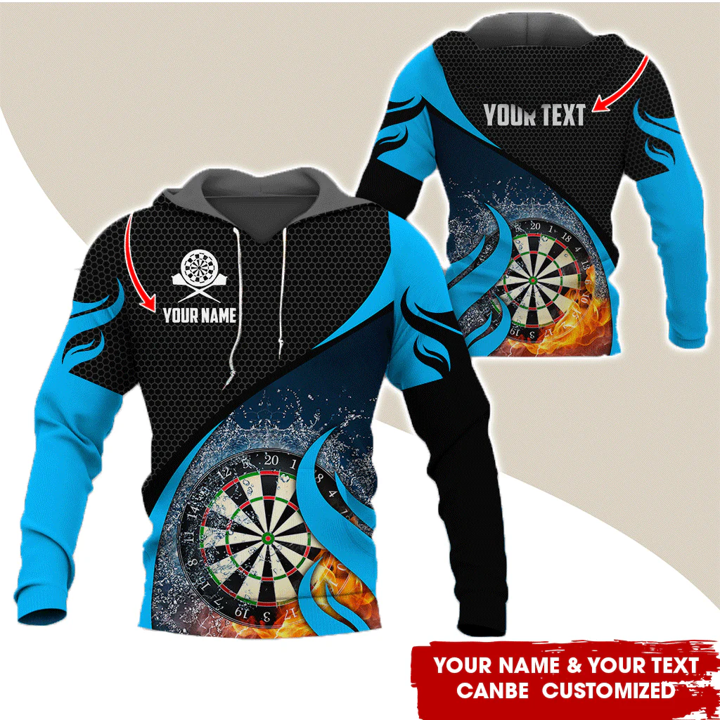 Personalized Fire & Water Darts Premium Hoodie, Customized Name & Text Darts Hoodie, Honeycomb Pattern Hoodie, Perfect Gift For Darts Lovers, Darts Player