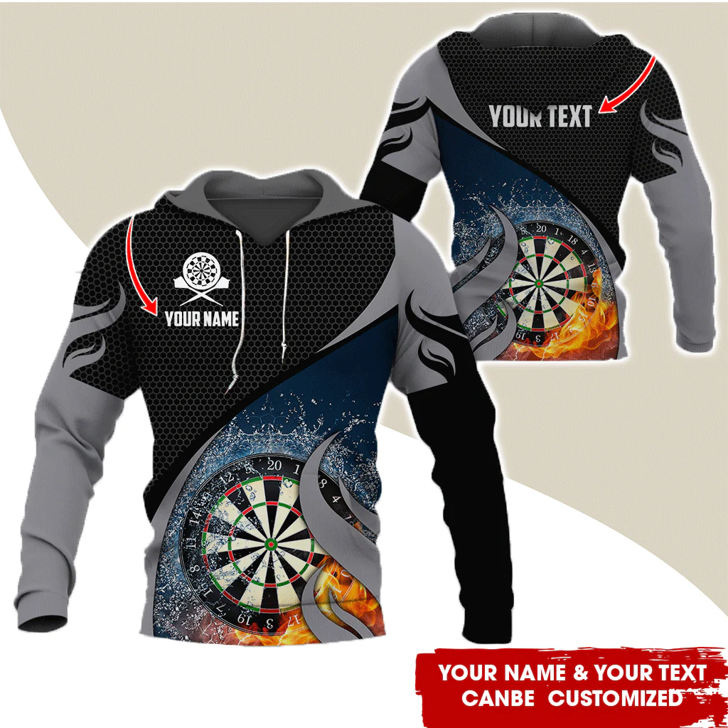 Personalized Fire & Water Darts Premium Hoodie, Customized Name & Text Darts Hoodie, Honeycomb Pattern Hoodie, Perfect Gift For Darts Lovers, Darts Player - Image 2