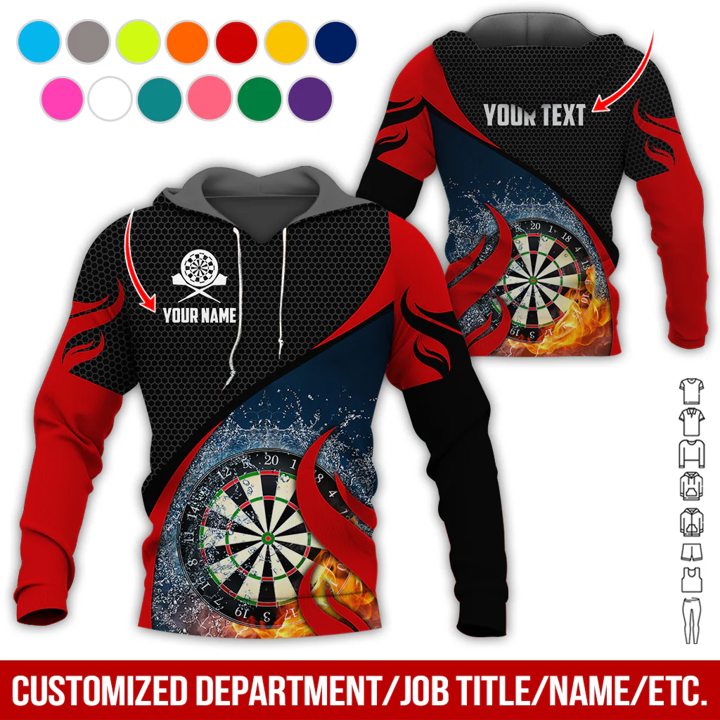 Personalized Fire & Water Darts Premium Hoodie, Customized Name & Text Darts Hoodie, Honeycomb Pattern Hoodie, Perfect Gift For Darts Lovers, Darts Player - Image 3