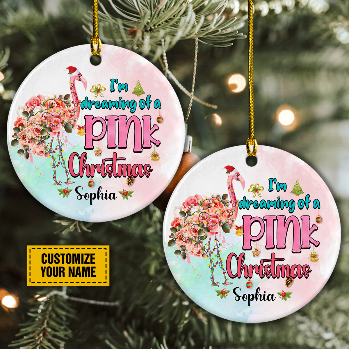 Personalized Flamingo Ceramic Christmas Ornament - Customize Your Name I'm Dreaming Of A Pink Christmas Ceramic Ornament For Flamingo Lover - Image 3