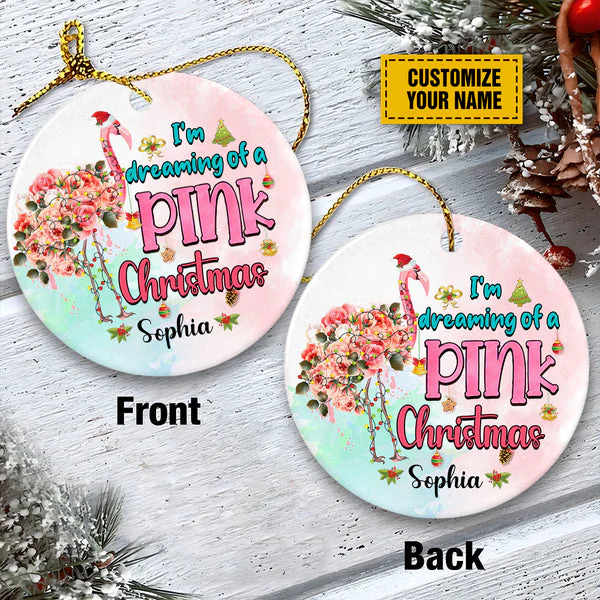 Personalized Flamingo Ceramic Christmas Ornament - Customize Your Name I'm Dreaming Of A Pink Christmas Ceramic Ornament For Flamingo Lover - Image 4