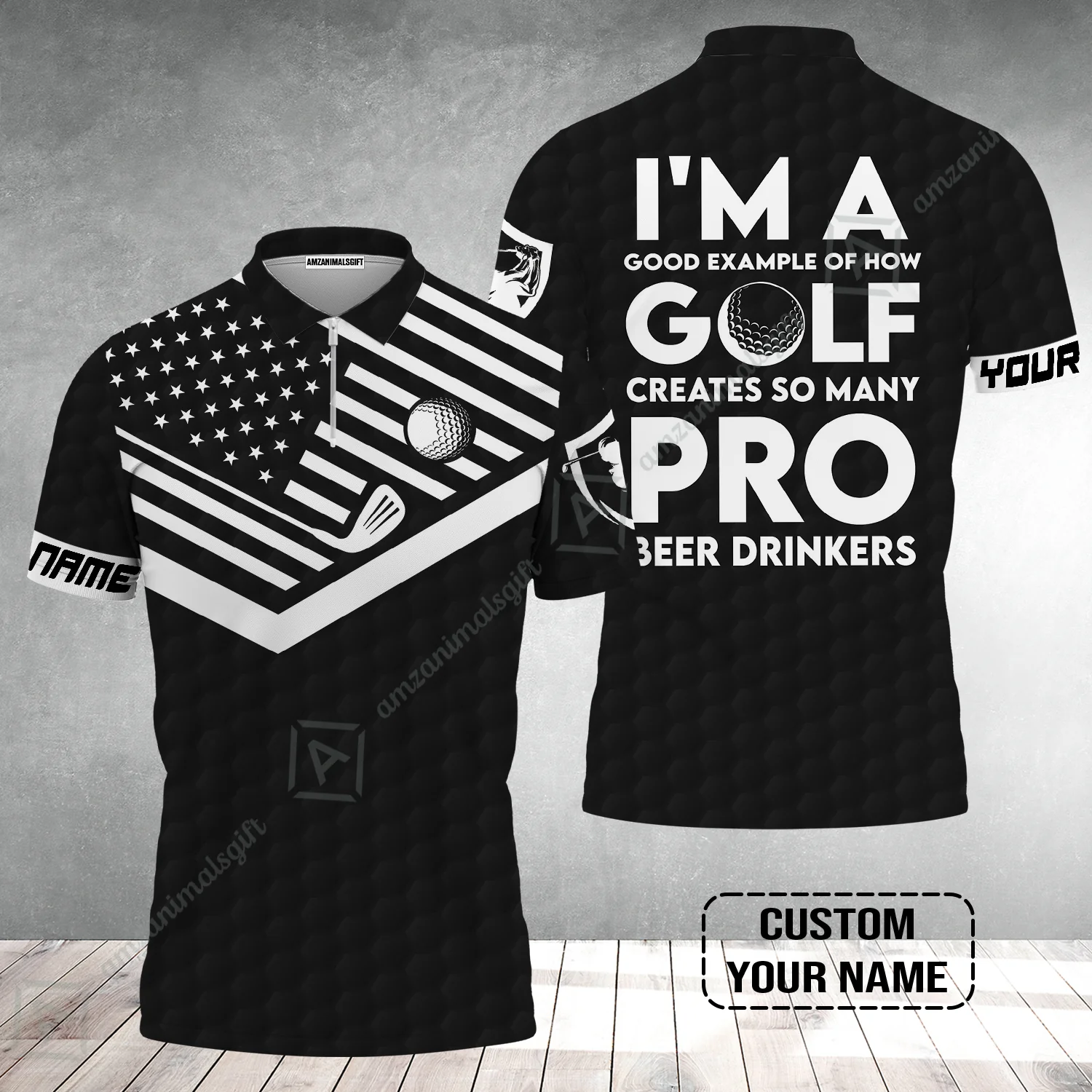 Personalized Golf American Flag Zip Polo Shirt, I'm A Golf Pro And Beer Drinker Custom Zip Polo Shirt - Image 2