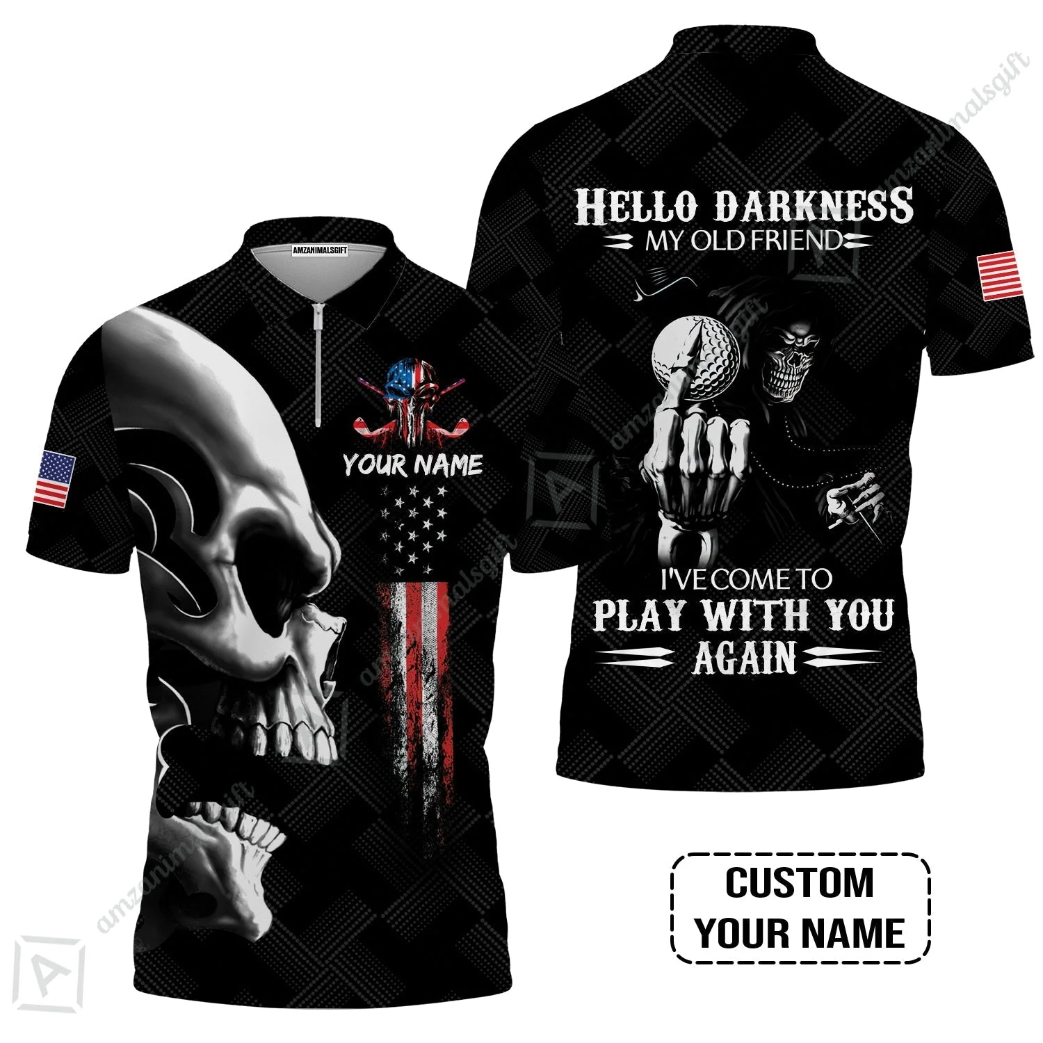 Personalized Golf Hawaiian Shirt- Custom Name Skull Shirt, Golf American Flag Hello Darkness My Old Friend Hawaiian Shirt - Image 3