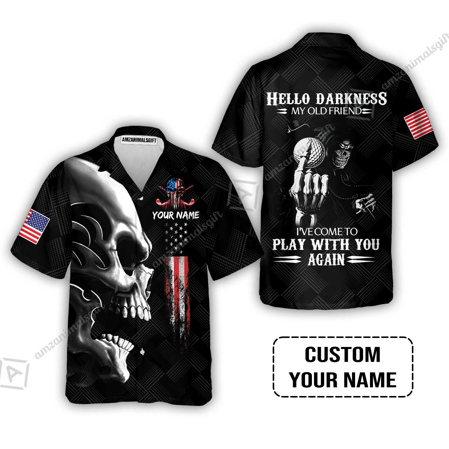 Personalized Golf Long Polo Shirt - Custom Name Skull Shirt, Golf American Flag Hello Darkness My Old Friend Long Polo Shirt - Image 5