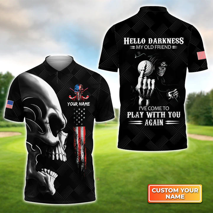 Personalized Golf Men Polo Shirt - Custom Name Skull Shirt, Golf American Flag Hello Darkness My Old Friend Men Polo Shirt For Golf Lover - Image 2