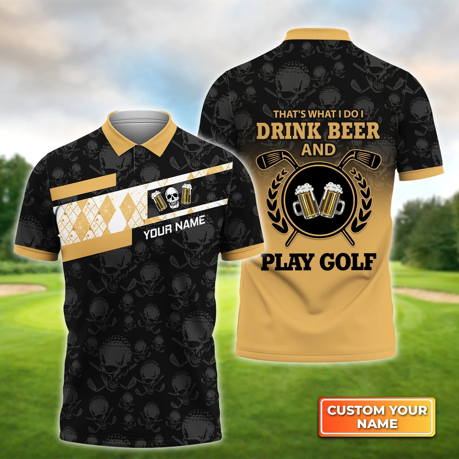 Personalized Golf Men Polo Shirt - Custom Name Skull Shirt, That's What I Do I Drink Beer And Play Golf Men Polo Shirt For Golf and Beer Lover - Image 2