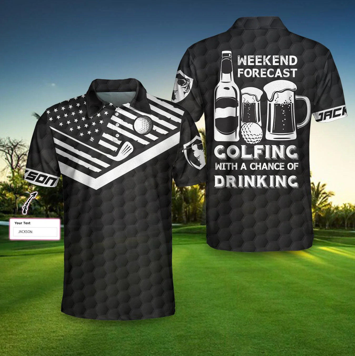 Personalized Golf Men Polo Shirts - Beer And Golf Weekend Forcast Golfing With The Change Of Drinking US Flag Custom Polo Shirts- Perfect Gift For Men