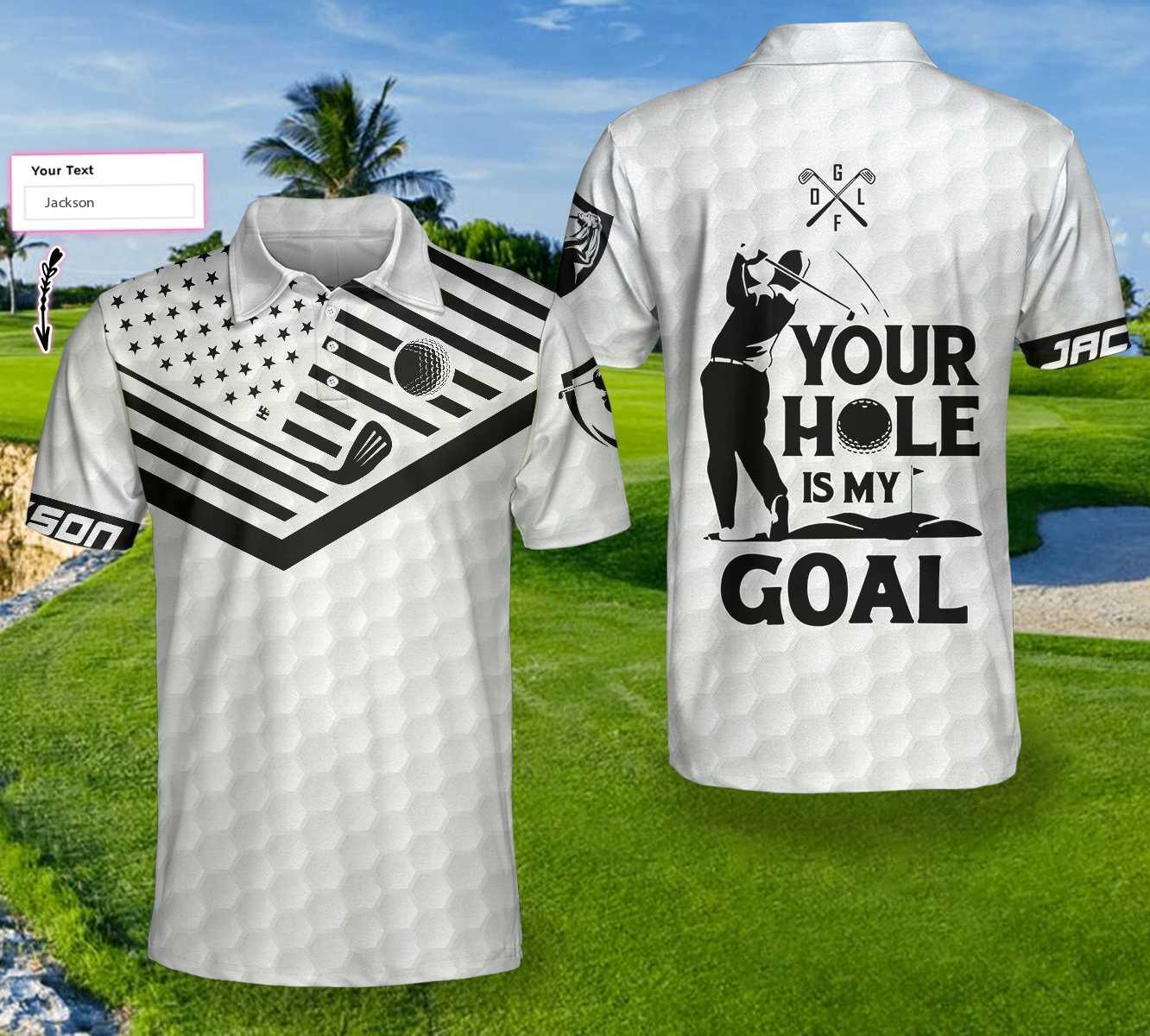 Personalized Golf Men Polo Shirts - Your Hole Is My Goal Golfers American Flag Custom Name Polo Shirts - Perfect Gift For Men, Golfers, Golf Lover