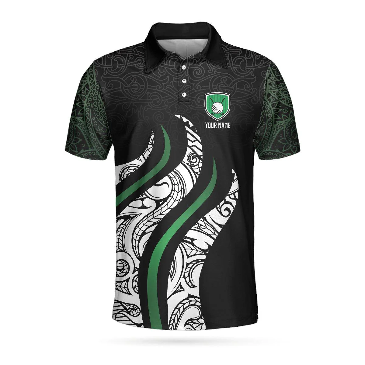 Personalized Golf Polo Shirt, Black And Green Abstract Pattern Custom Polo Shirt, Golf Gift For Men, Golfers - Image 2