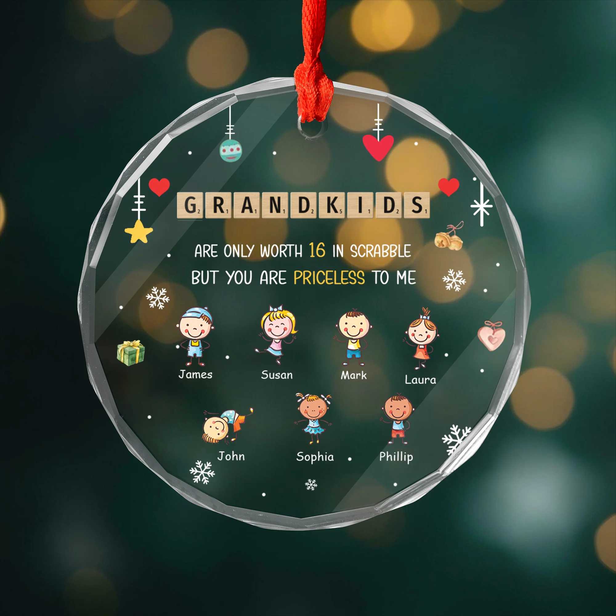 Personalized Grandkids Name Scrabble Crossword Puzzle Circle Glass Ornament, Christmas Ornament Gift For Grandma, Family - Image 2
