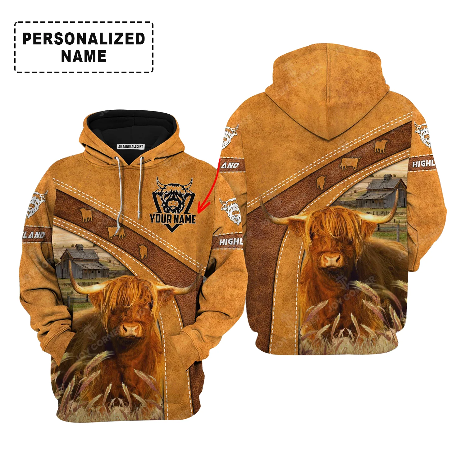 Personalized Highland Cattle Hoodie, Highland Cattle On The Farm Leather Pattern Shirt For Friend, Family, Farmer, Highland Cattle Lovers - Image 2