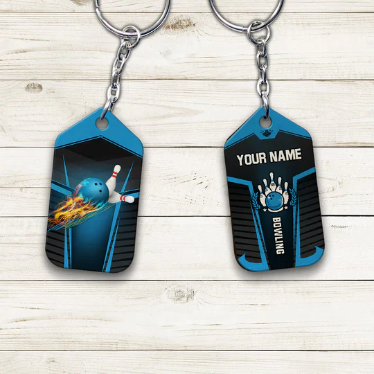 Personalized Name Blue Bowling Ball in Flames Breaks White Skittles Acrylic Keychain - Christmas Gift For Bowling Lovers, Bowling Team Players - Image 5