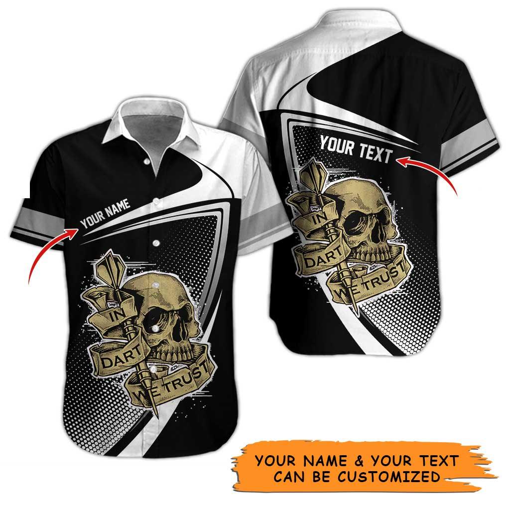 Personalized Name Darts Aloha Hawaiian Shirt - Amazing Darts And Skull Pattern, In Darts We Trust Personalized Name Hawaiian Shirt For Men & Women