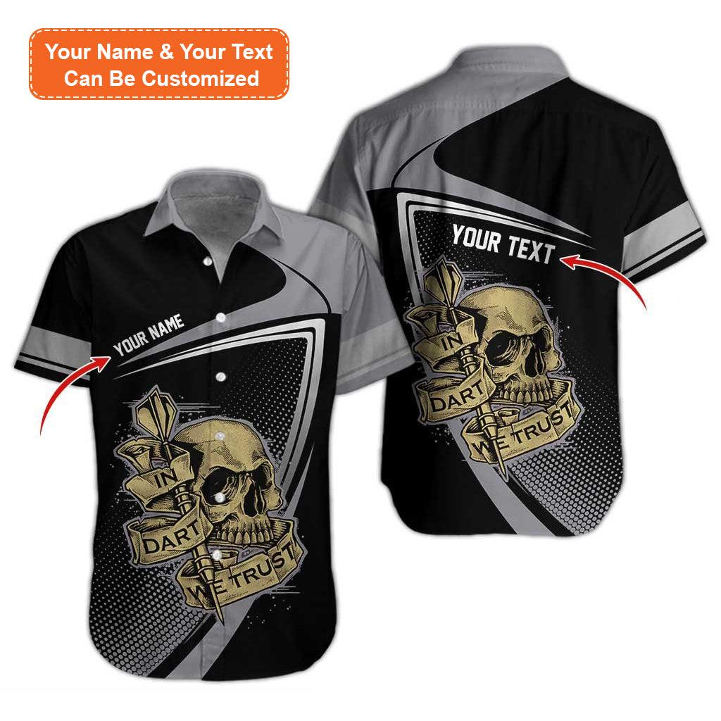 Personalized Name Darts Aloha Hawaiian Shirt, Darts Pattern And Skull,In Darts We Trust Personalized Name Hawaiian Shirt For Men & Women, Darts Lover