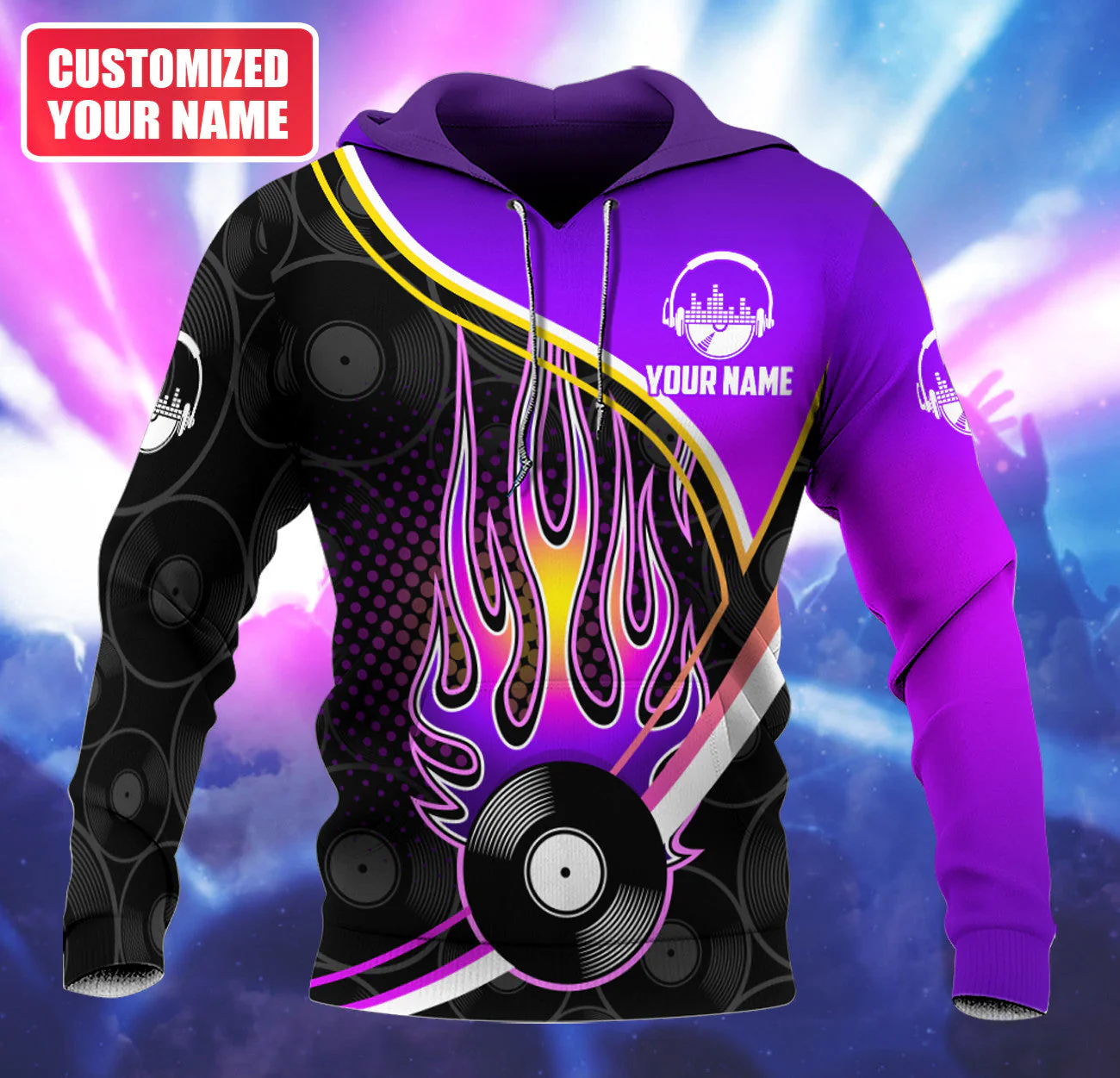 Personalized Name DJ Shirts - Custom Name Disc Jockey Shirts, Purple Fire Music Disc Shirts, Perfect DJ Shirts for Men & Women - Image 6