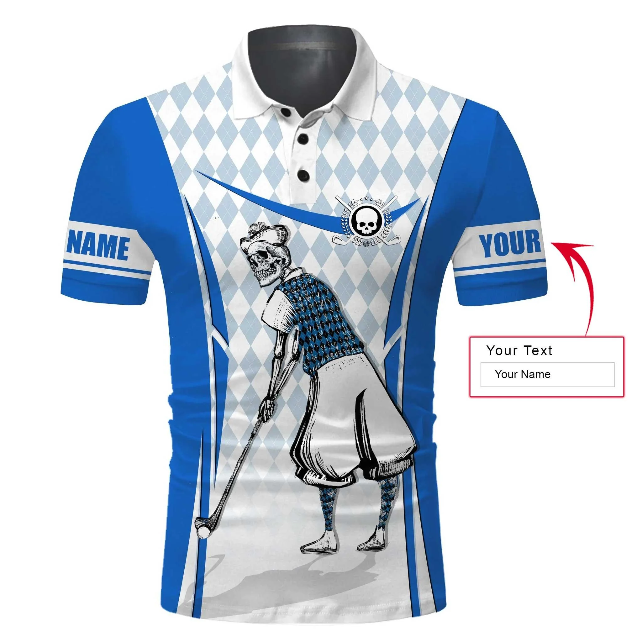Personalized Name Golf Long Sleeve Polo Shirt Blue Argyle Pattern Skull Men Golf Apparel, Perfect Outfit For Men, Golfers, Golf Lovers, Team - Image 2