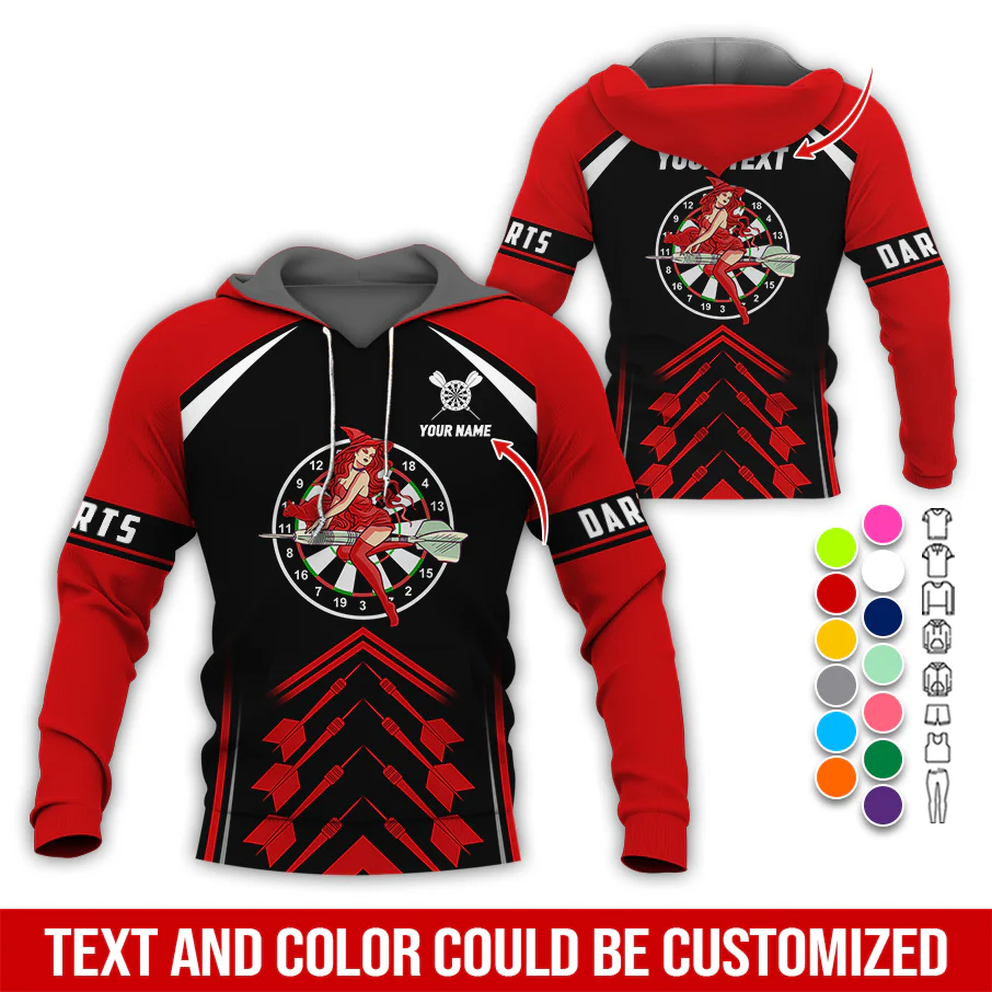 Personalized Name & Text Darts Premium Hoodie, Witch Riding Broom & Darts Hoodie, Perfect Gift For Darts Lovers, Friend, Family - Image 3