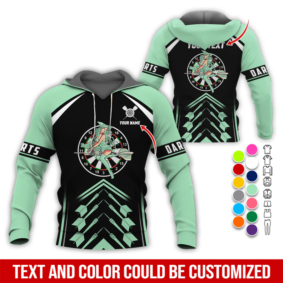 Personalized Name & Text Darts Premium Hoodie, Witch Riding Broom & Darts Hoodie, Perfect Gift For Darts Lovers, Friend, Family - Image 4