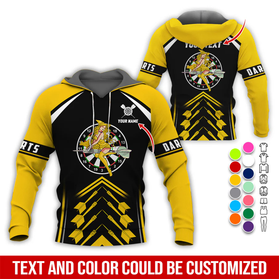 Personalized Name & Text Darts Premium Hoodie, Witch Riding Broom & Darts Hoodie, Perfect Gift For Darts Lovers, Friend, Family - Image 5